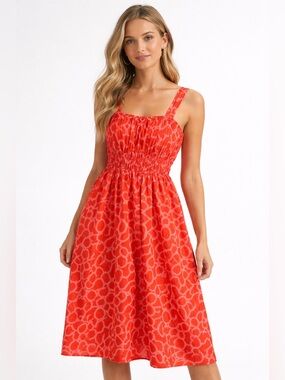 Hudson North Patterned Cotton Midi Dress Red Pink Size Medium